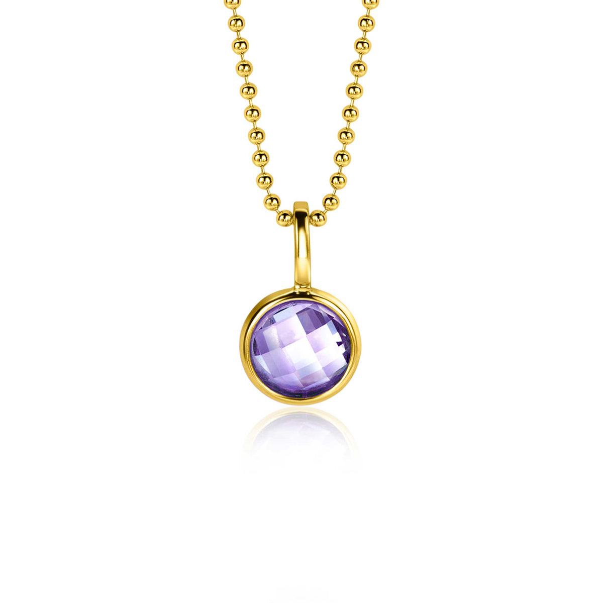 Pendentif doré avec une pierre améthyste ronde facettée, suspendu à une chaîne à billes.