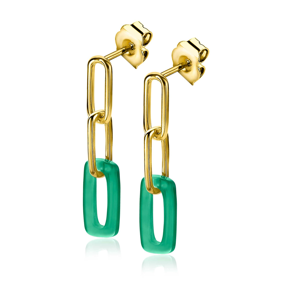 Boucles d'oreilles dorées avec des maillons en forme de rectangle vert.