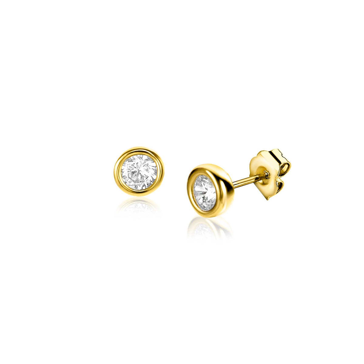 Boucles d'oreilles en or avec un zircon transparent, forme ronde et finition brillante.