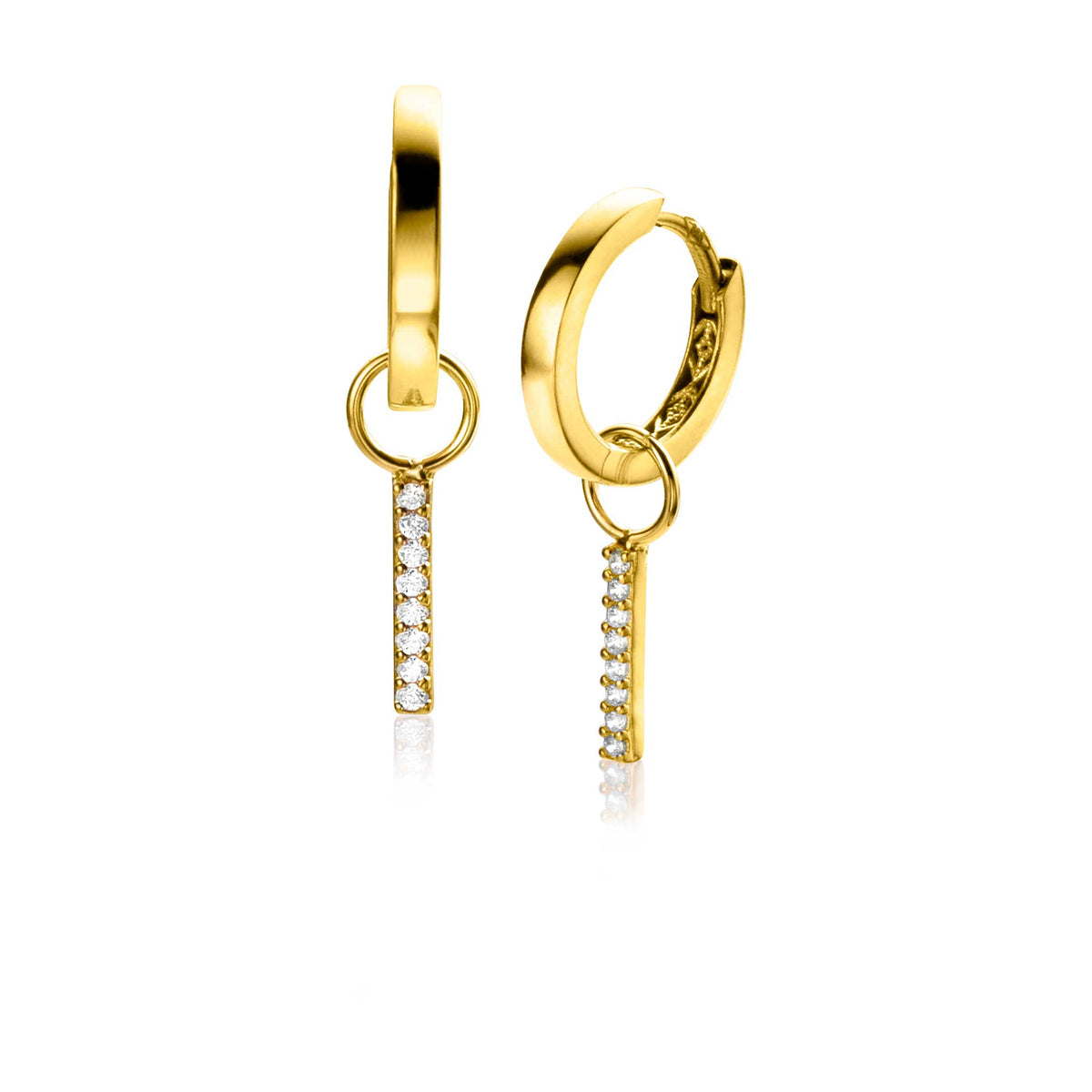 Boucles d'oreilles en or avec un pendentif en barre serti de pierres brillantes.