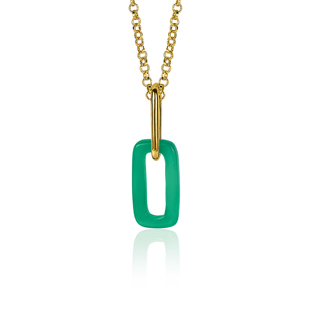 Pendentif en métal doré avec un rectangle en résine verte, suspendu à une chaîne délicate.