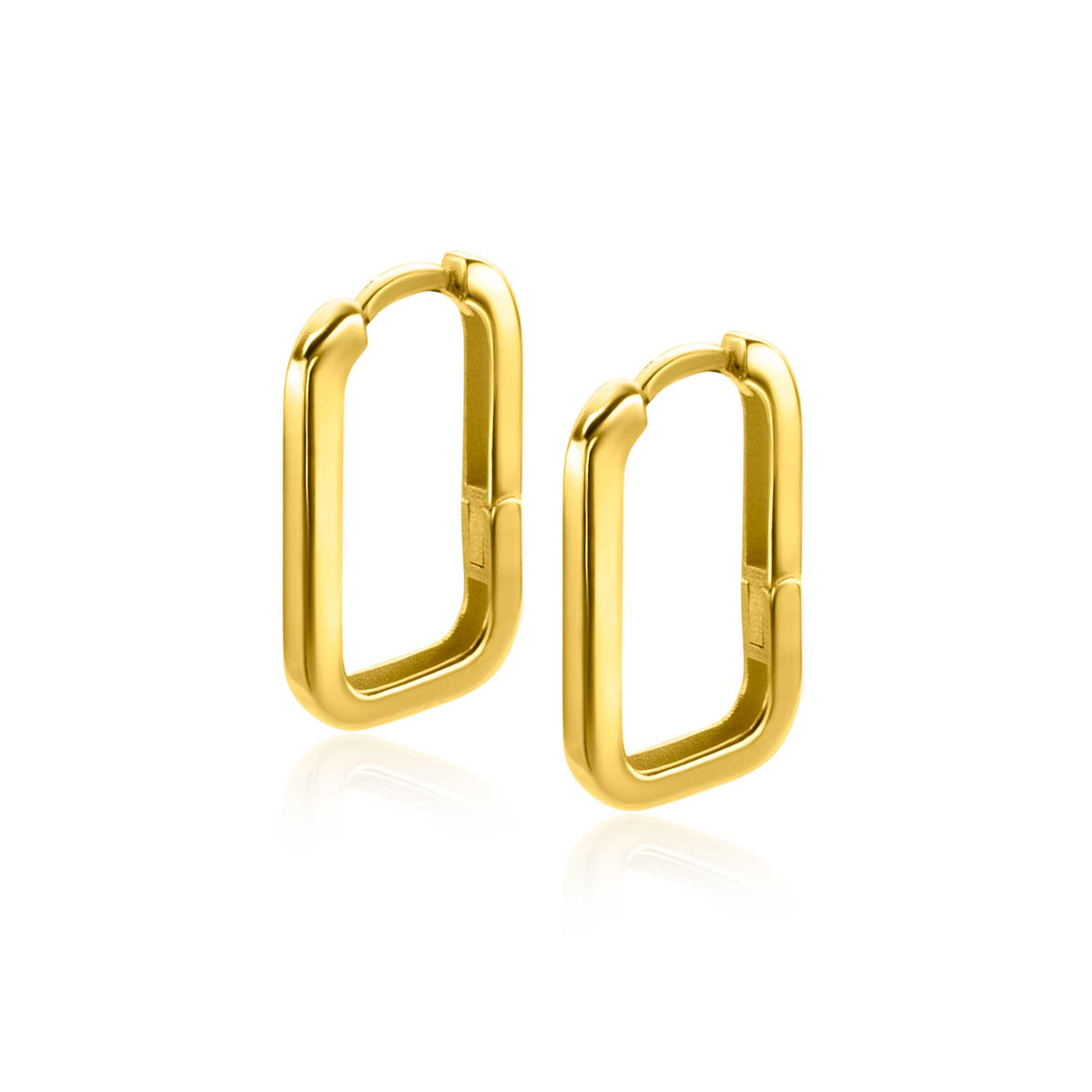 Boucles d'oreilles dorées en forme de rectangle, finition brillante.