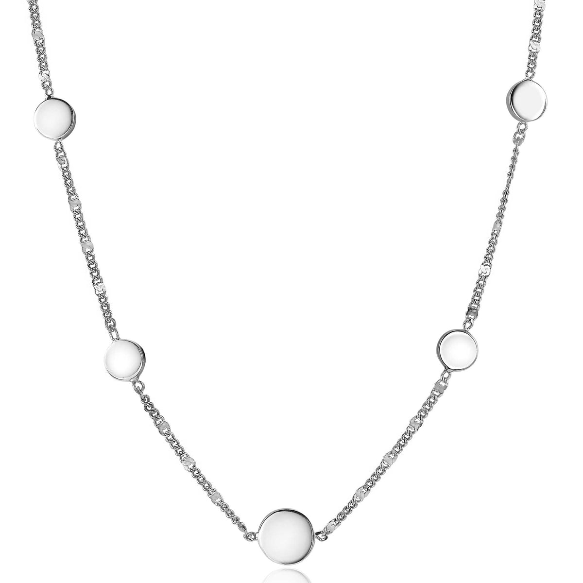 collier en argent avec des disques ronds et lisses espacés sur la chaîne
