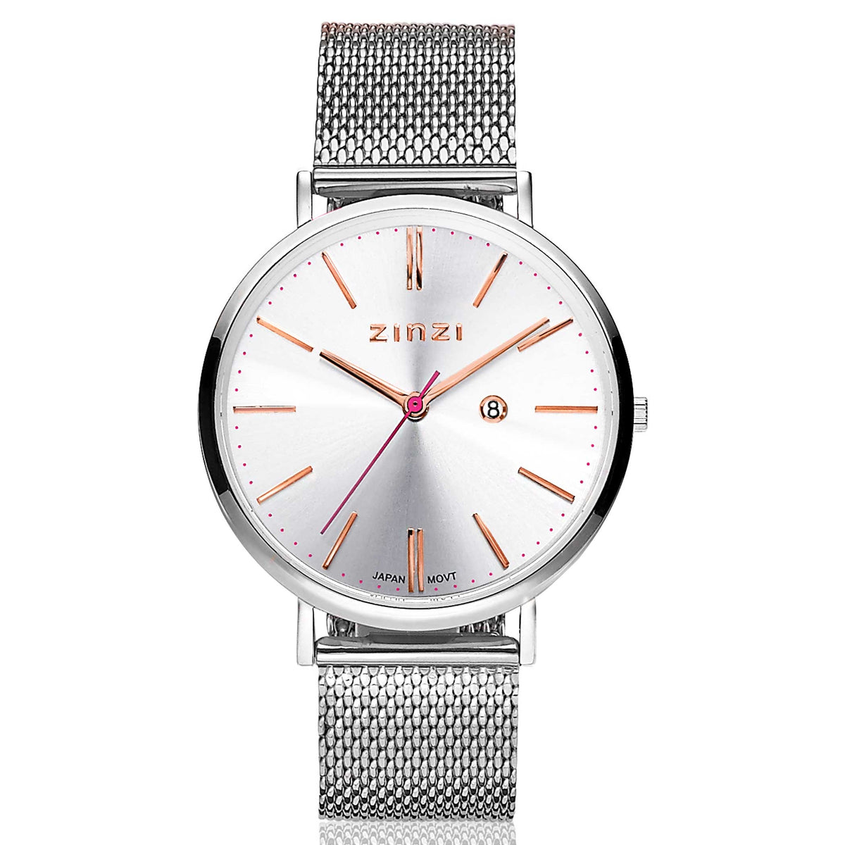 Montre en acier argenté avec un cadran argenté et des index rose doré.