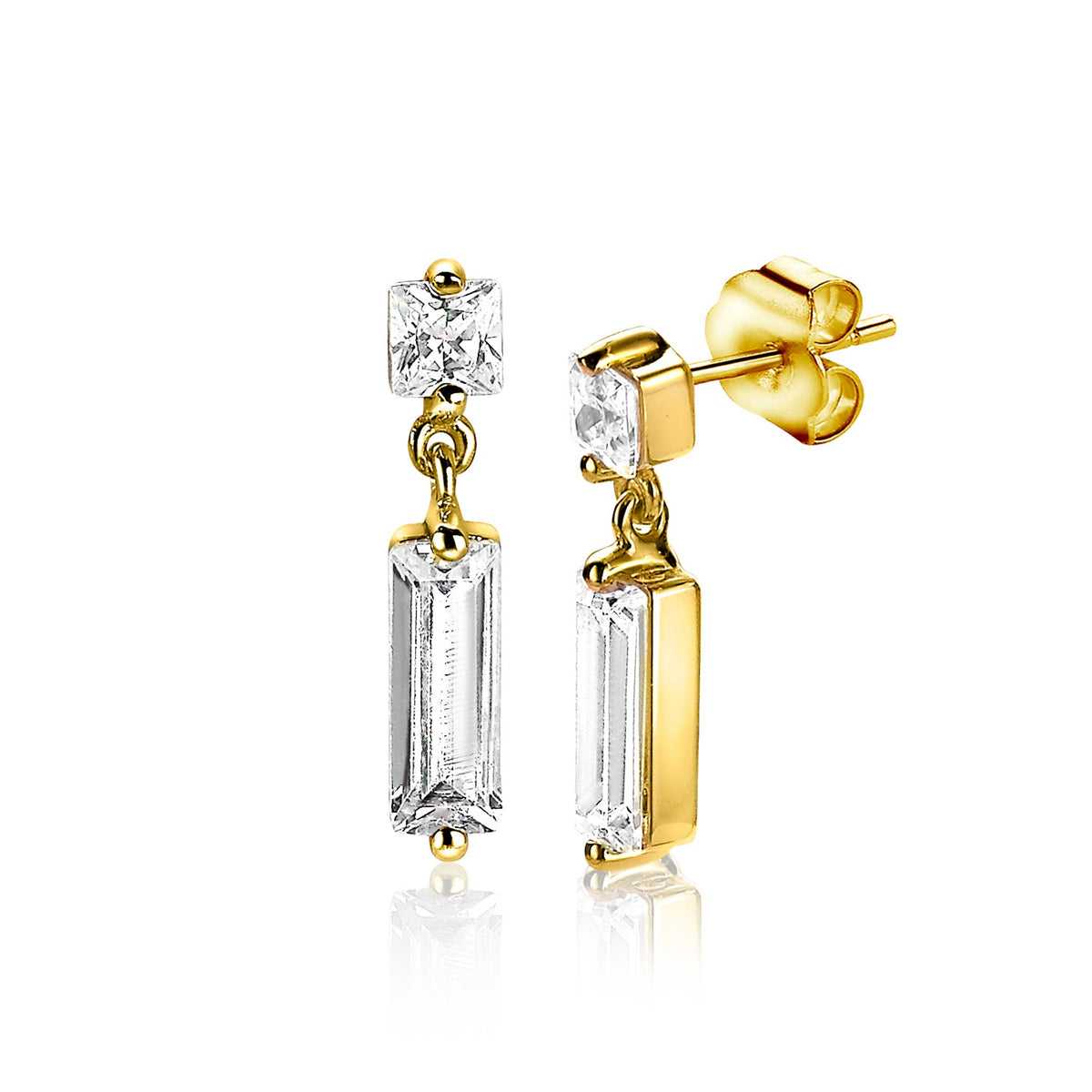 Boucles d'oreilles plaquées or avec des pierres brillantes, forme rectangulaire et carrée.