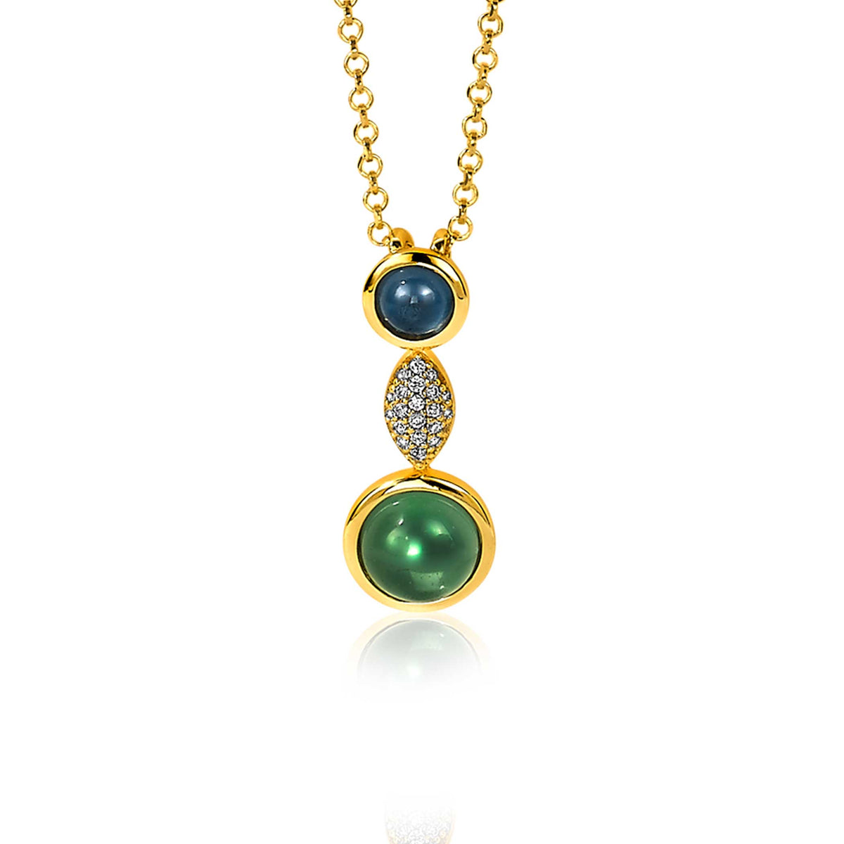 Pendentif doré avec deux pierres colorées et un détail en zircon.