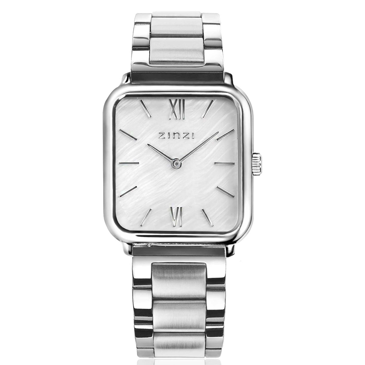 Montre en acier argenté avec un cadran rectangulaire et des chiffres romains.