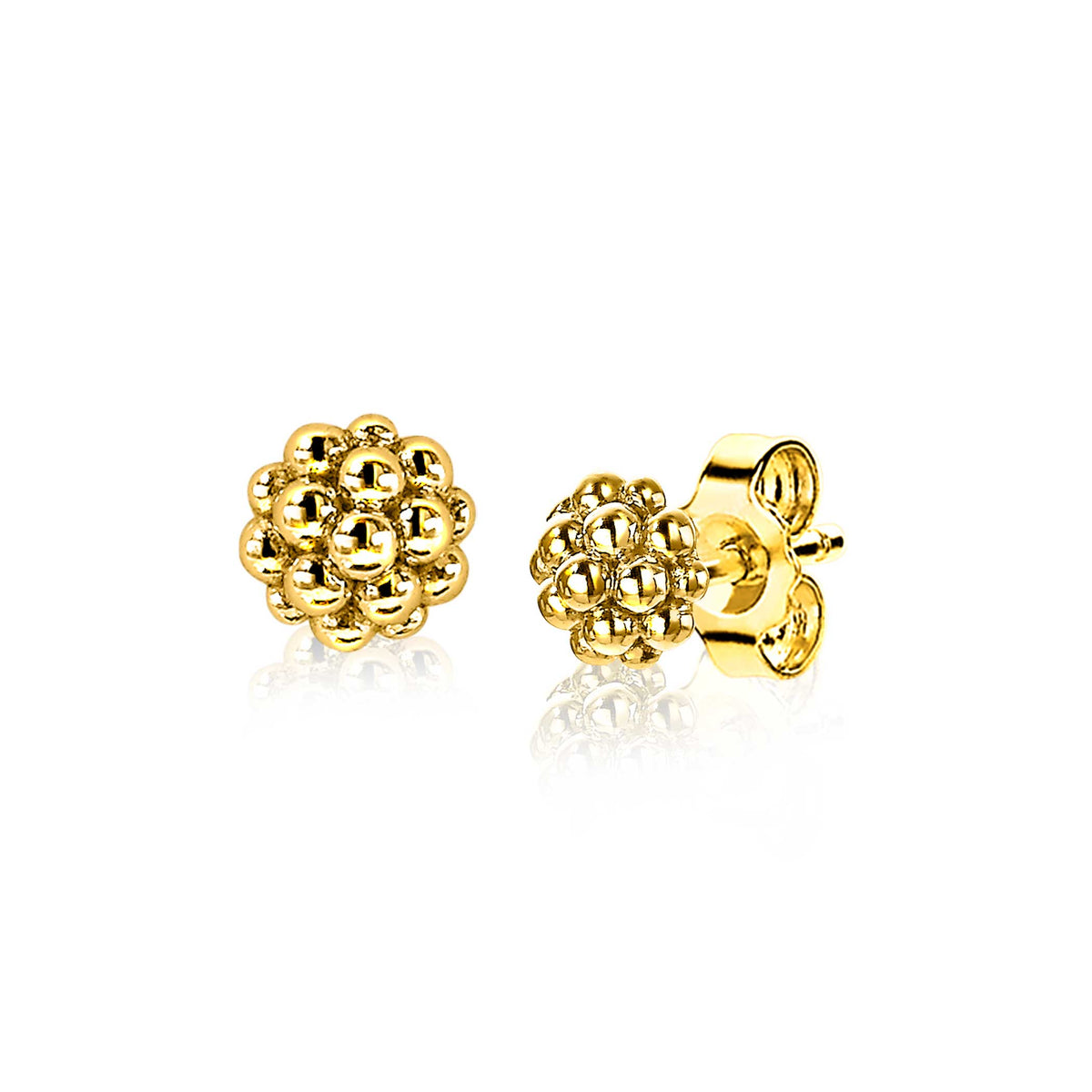 Boucles d'oreilles dorées en forme de sphères avec des détails en relief.