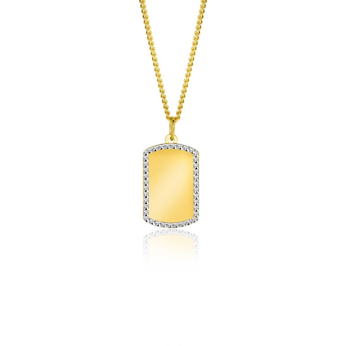 Pendentif doré en forme rectangulaire avec un contour serti de pierres.