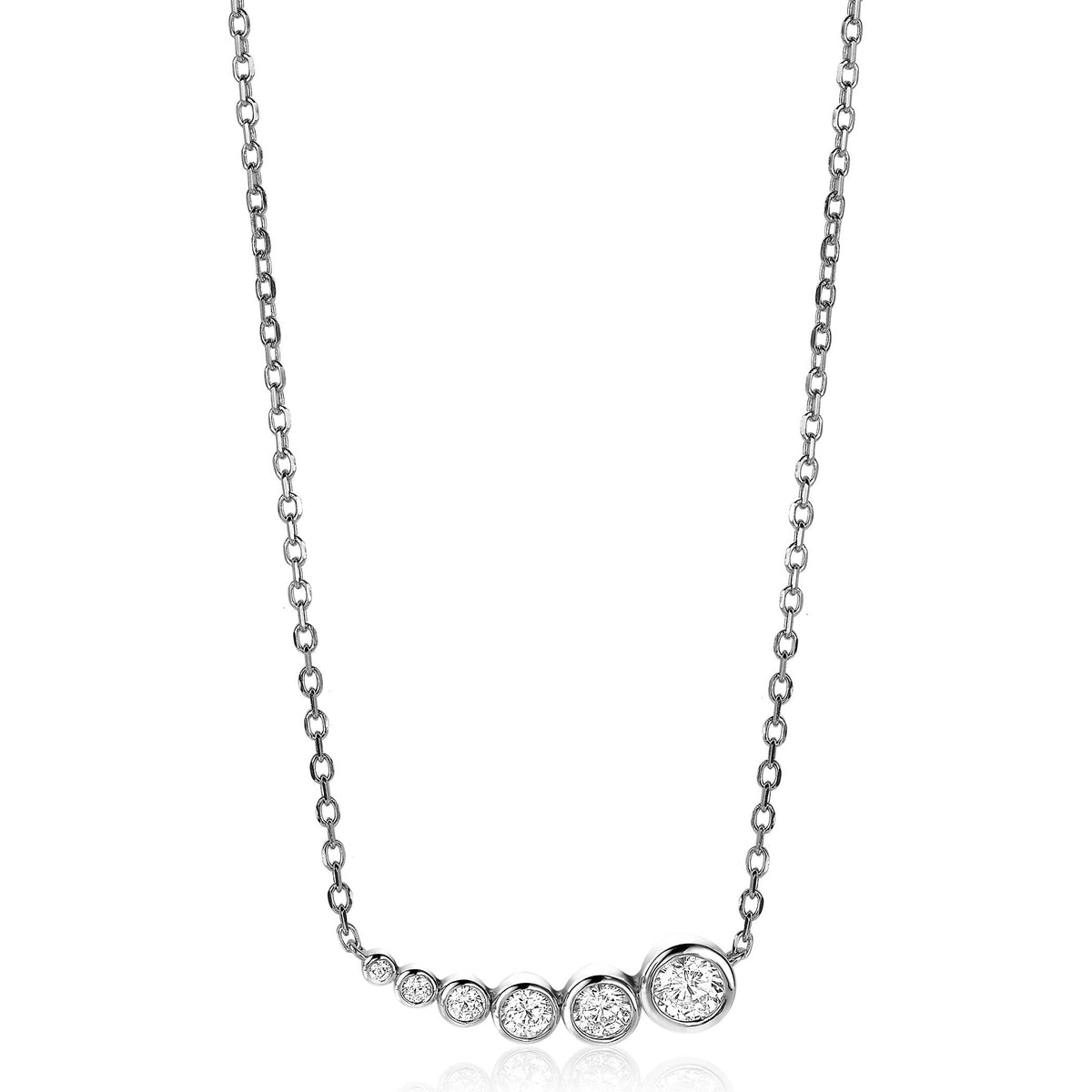 Collier en argent avec des pierres brillantes disposées en arc.