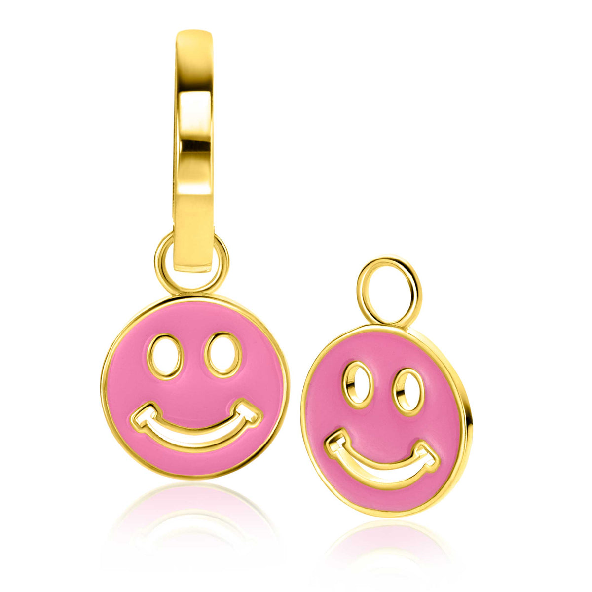 Boucles d'oreilles dorées avec pendentifs en forme de smiley rose.
