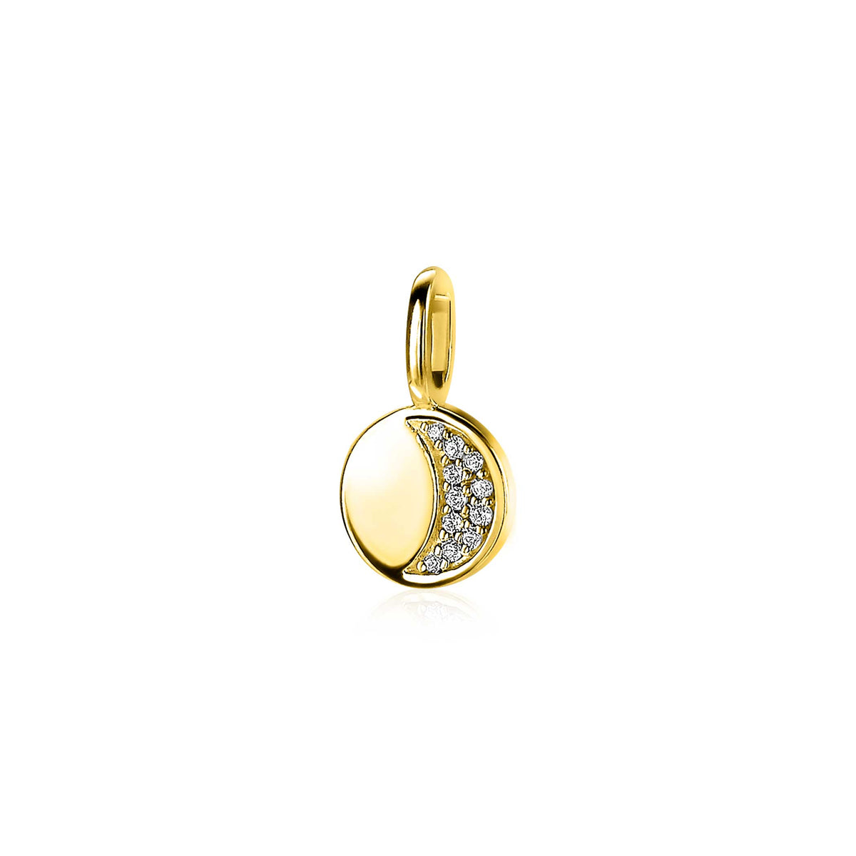 Pendentif doré en forme de demi-lune avec des zircons scintillants.