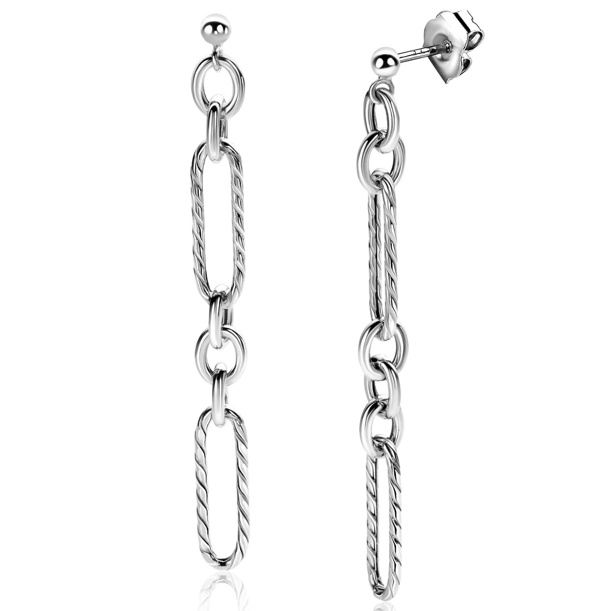 Boucles d'oreilles en argent avec des maillons en chaîne torsadés.