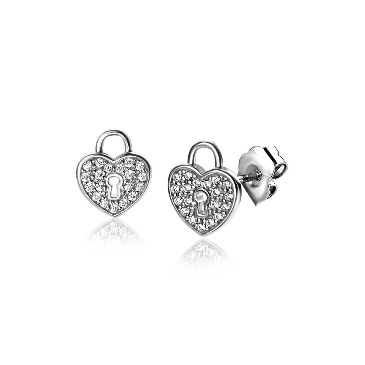 Boucles d'oreilles en argent en forme de cœur, ornées de zircons, avec un motif de serrure.