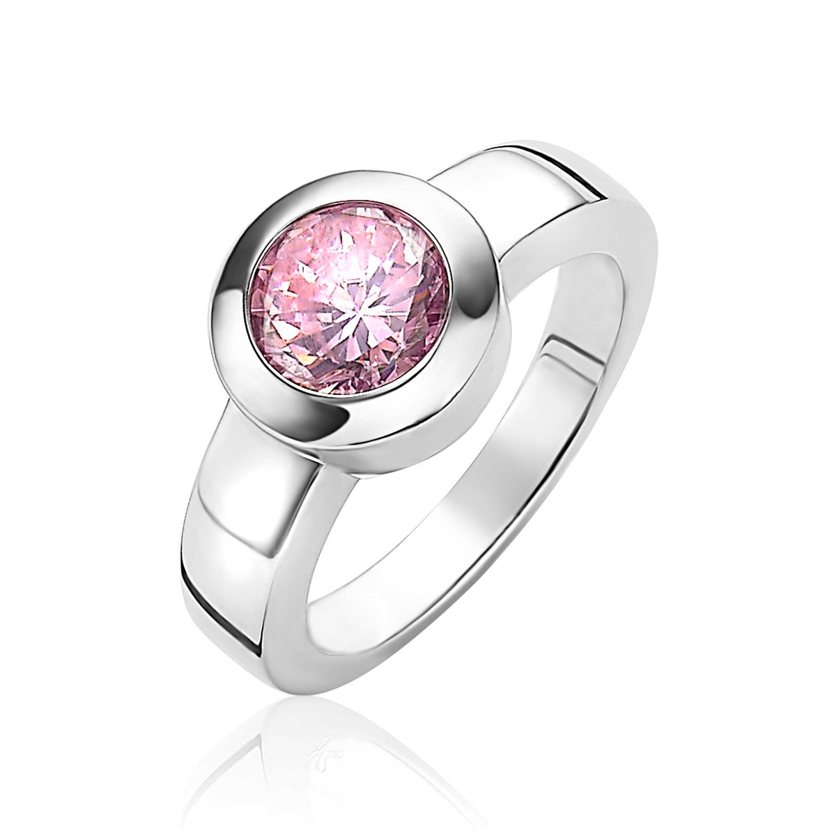 Bague en argent avec un cristal rose rond au centre.