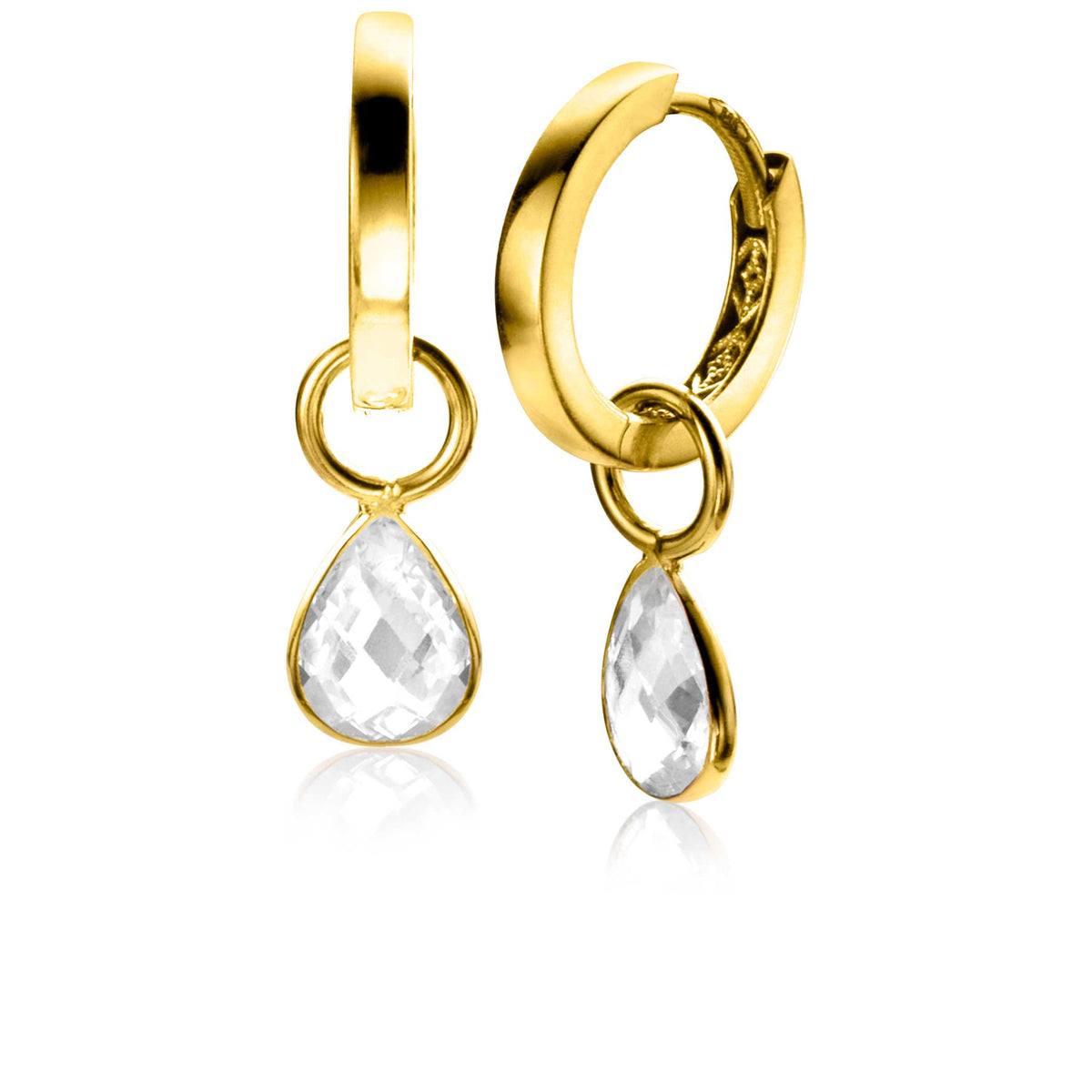 Boucles d'oreilles en or avec un pendentif en forme de goutte et un cristal transparent.