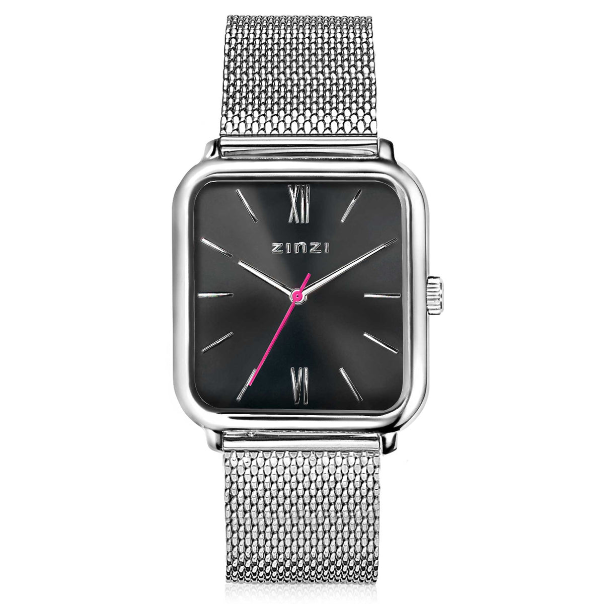 Montre en acier argenté avec cadran noir, aiguilles roses et bracelet en maille.