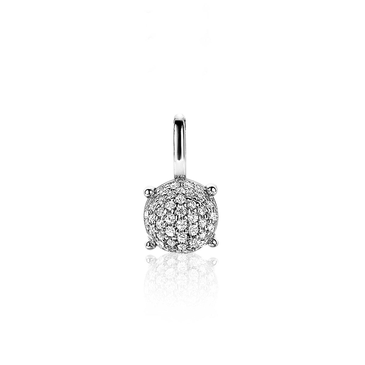 pendentif en argent avec un motif rond orné de pierres brillantes.
