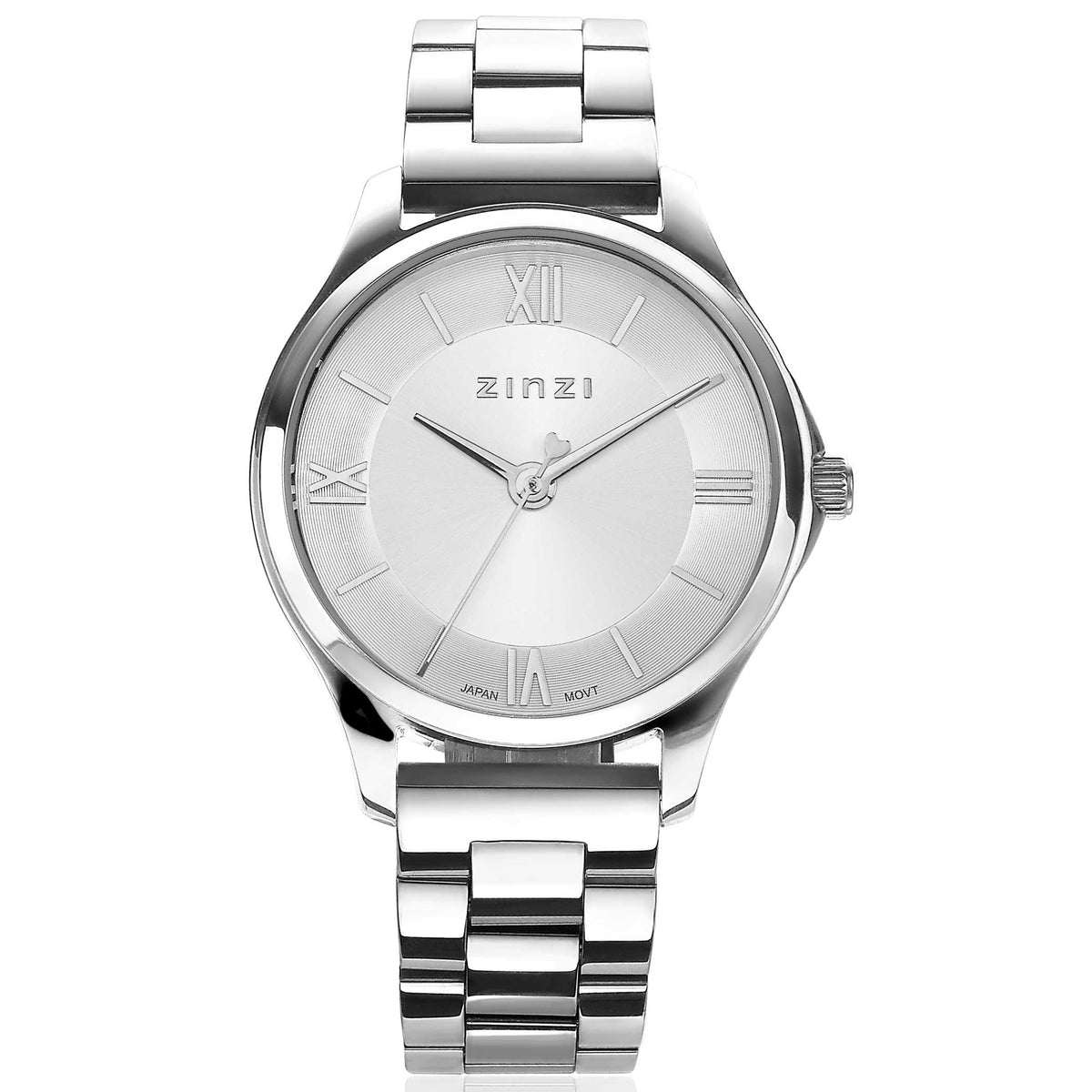 Montre en acier argenté avec un cadran blanc et des index romains.