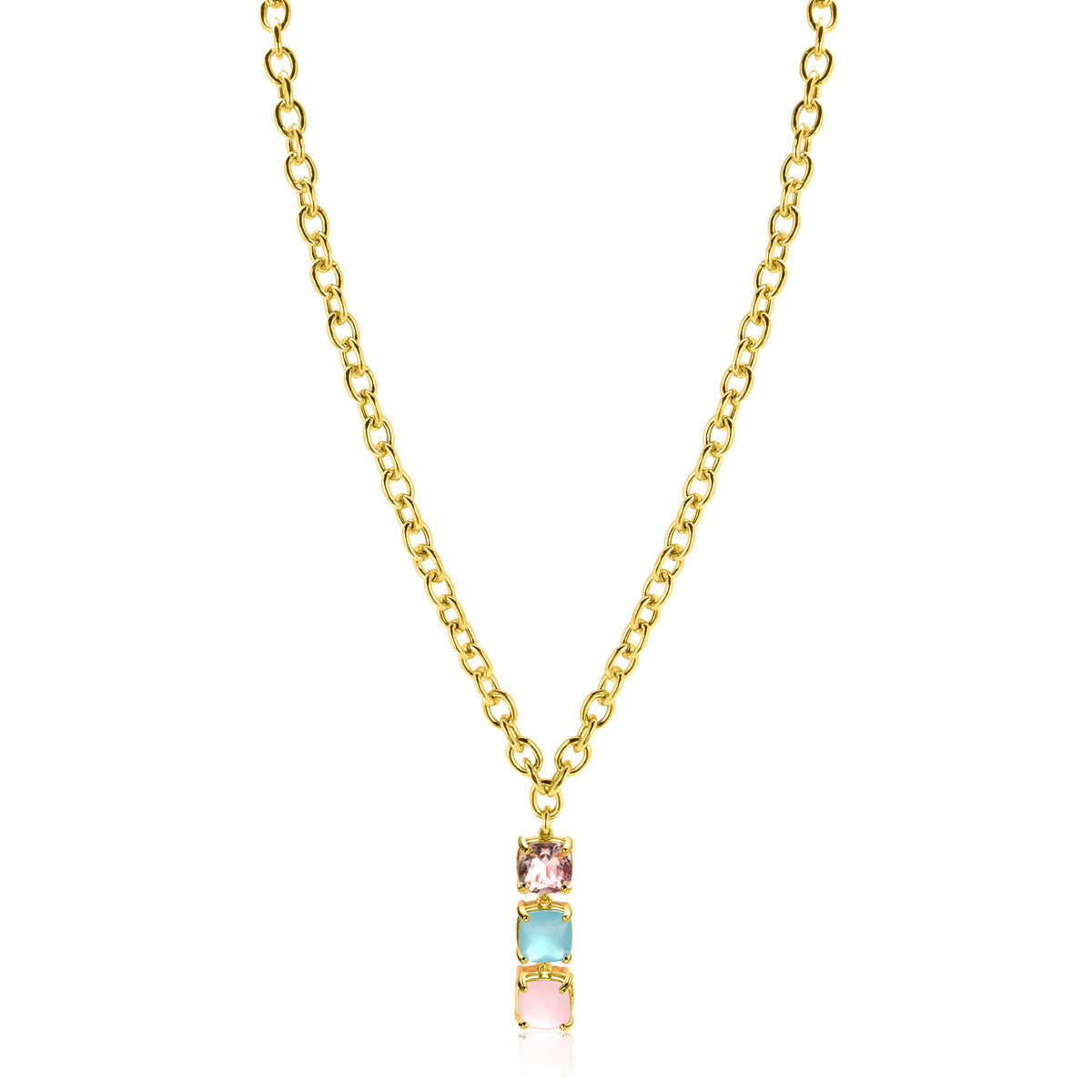 Collier doré avec un pendentif rectangulaire orné de trois pierres colorées.