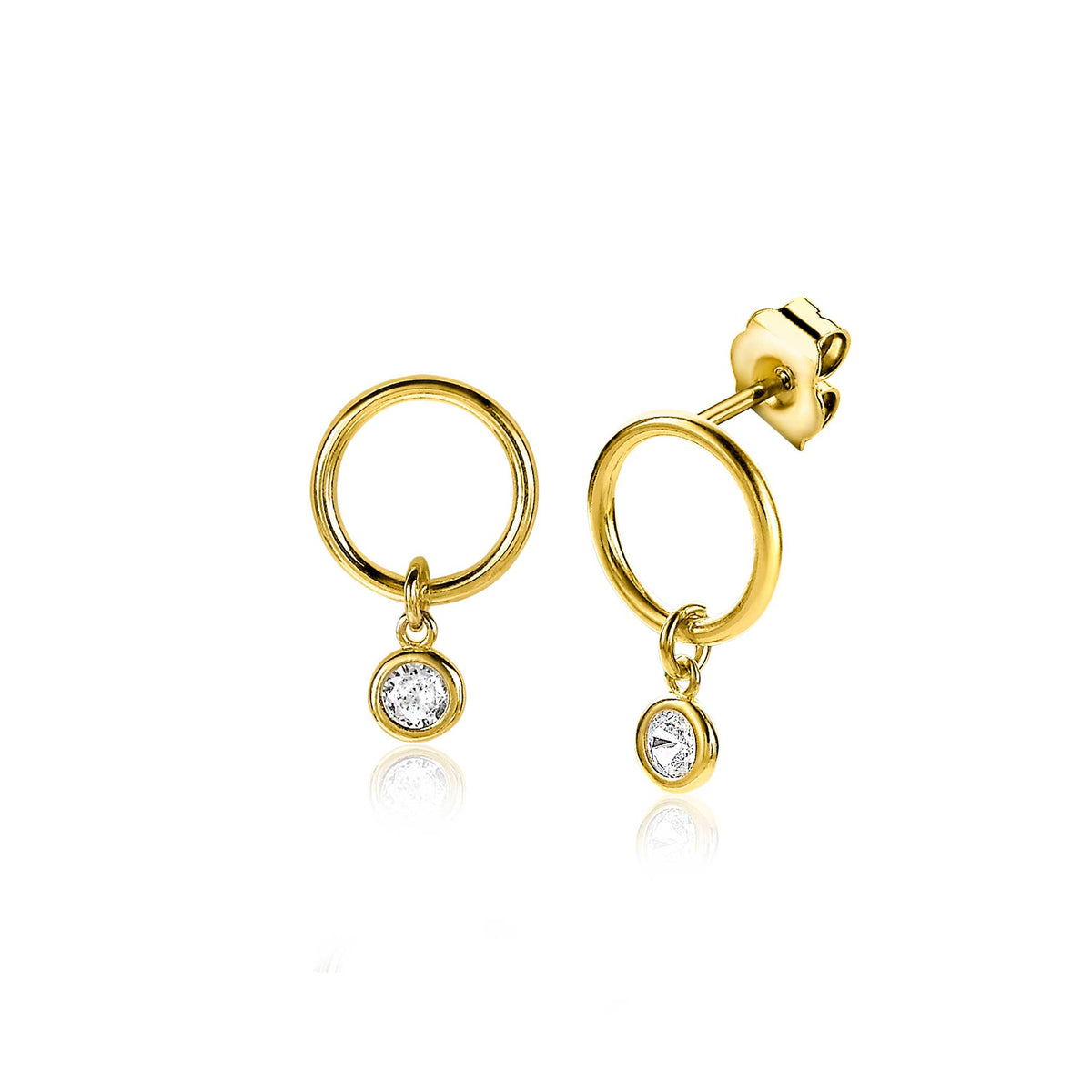 Boucles d'oreilles en plaqué or avec un petit cercle et un pendentif en cristal.