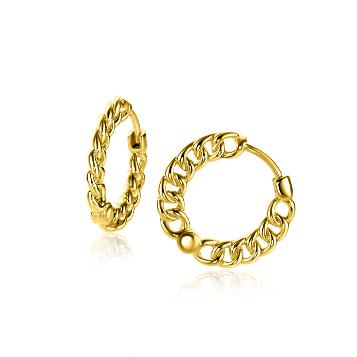Boucles d'oreilles dorées en forme de créoles avec une chaîne décorative.