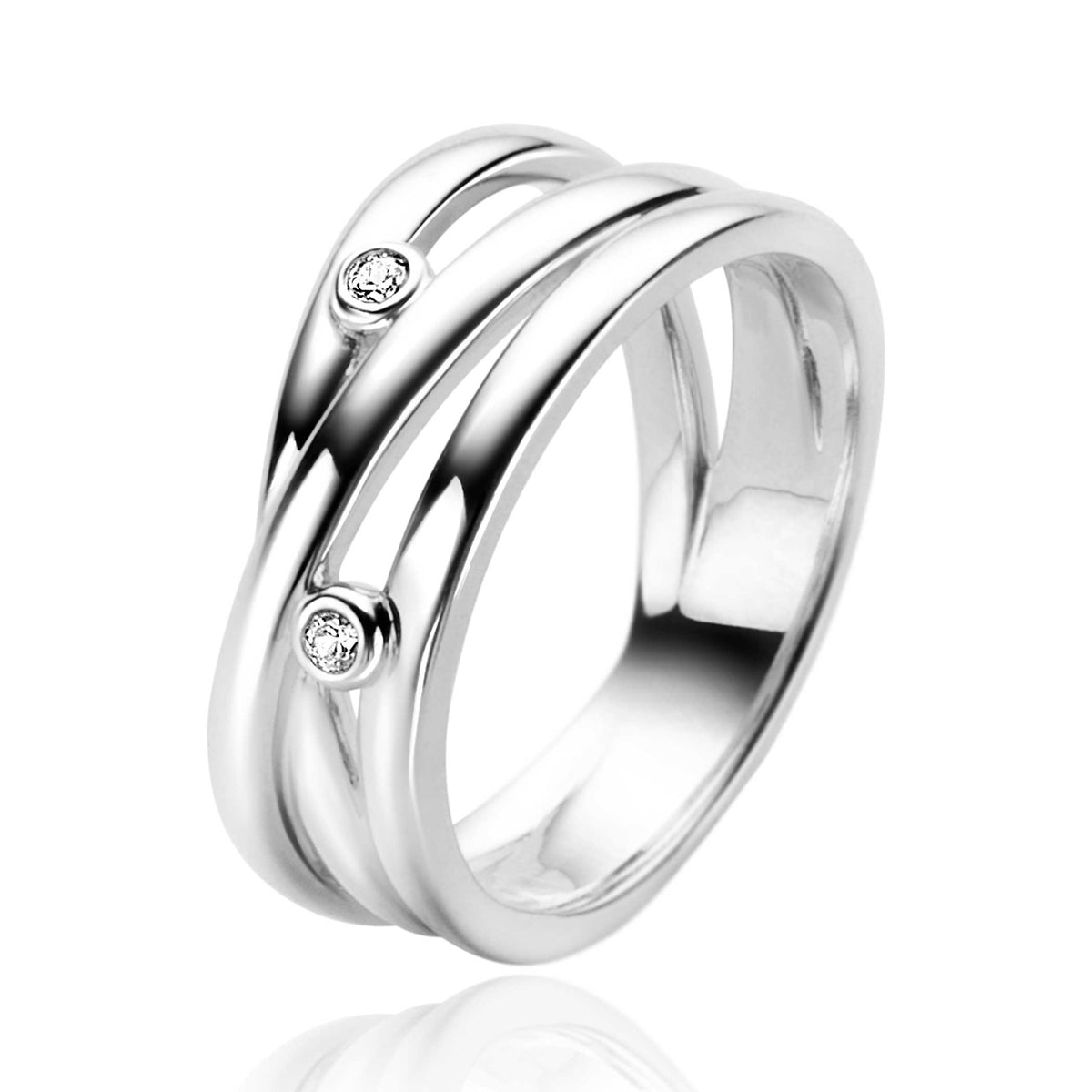 Bague en argent avec deux lignes entrelacées et deux petites pierres brillantes.
