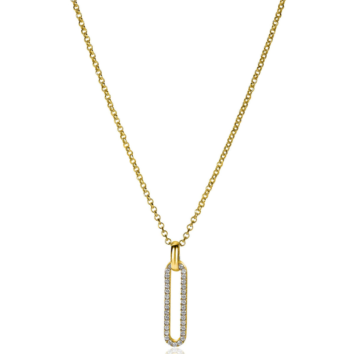 Collier doré avec un pendentif en forme de clip orné de strass.