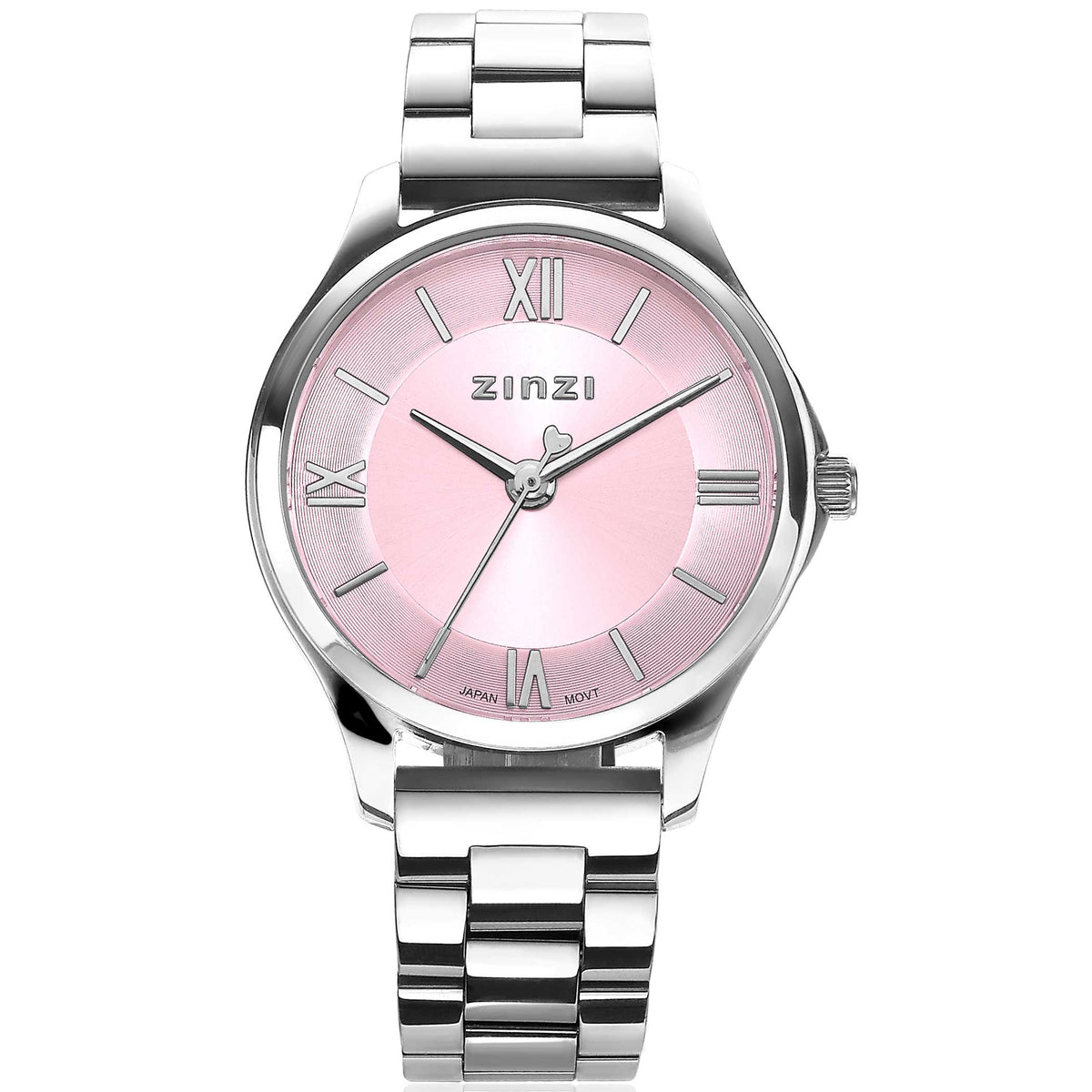 Montre en acier argenté avec un cadran rose et des chiffres romains.