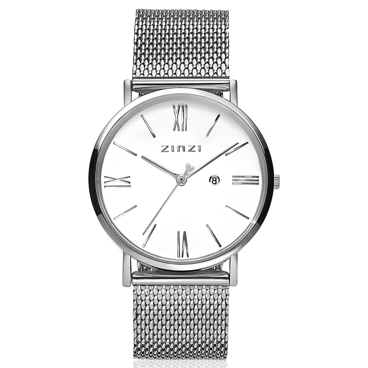 Montre en acier argenté avec cadran blanc, chiffres romains et bracelet en maille.