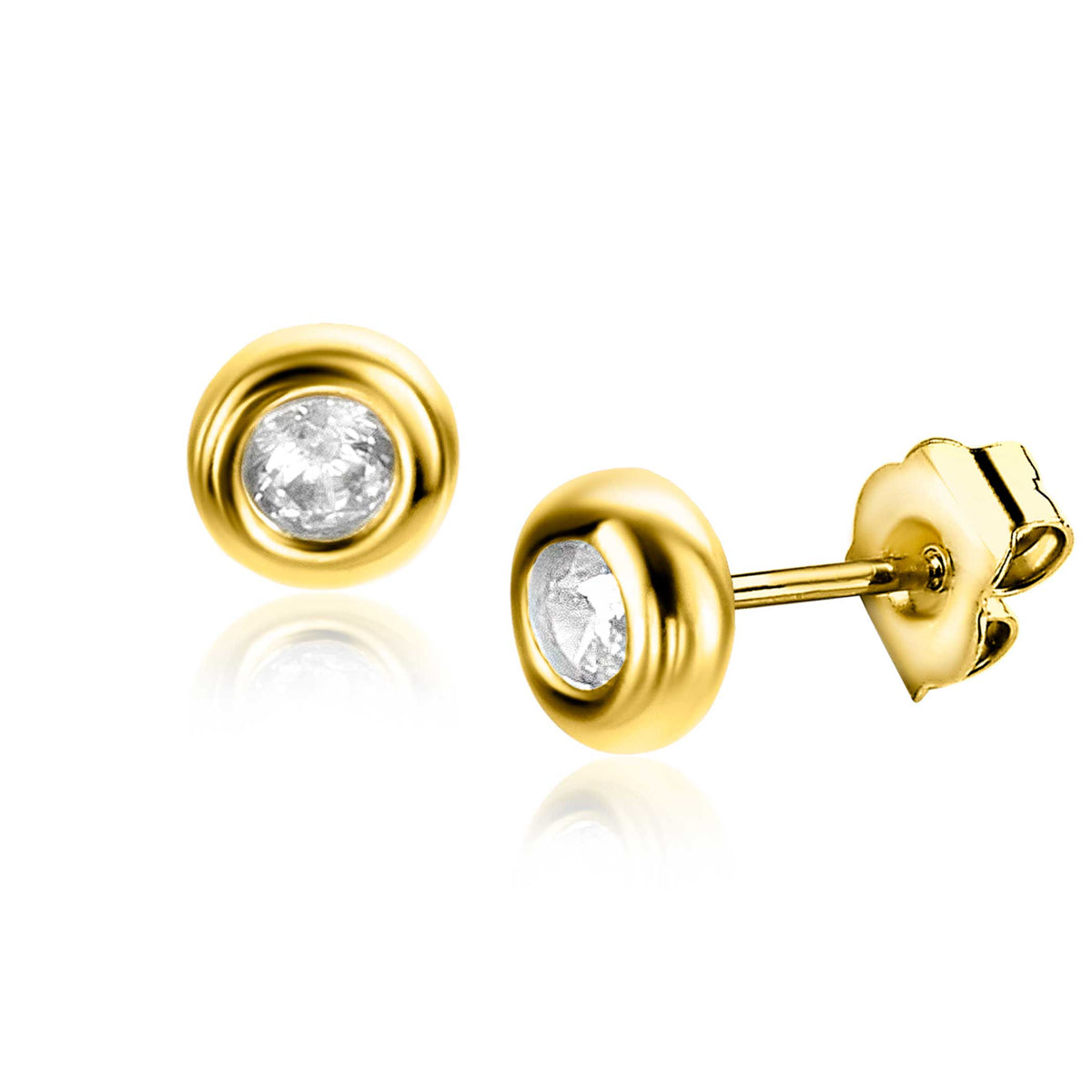 Boucles d'oreilles en or avec un cristal transparent, forme ronde et finition brillante.