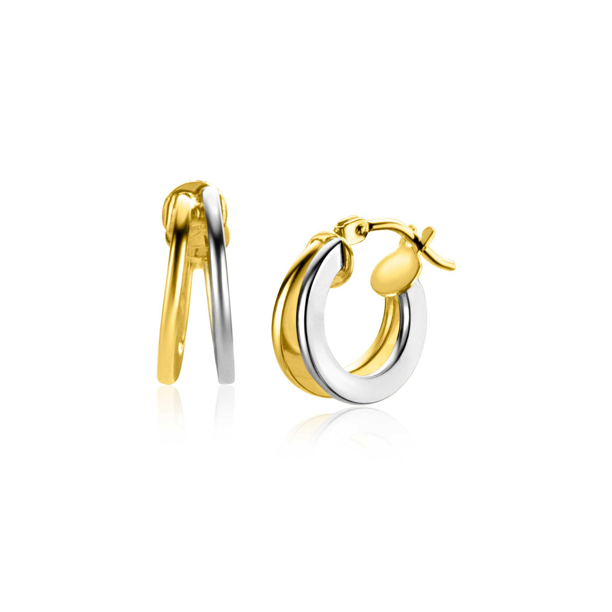 Boucles d'oreilles en or avec un design bicolore, argenté et doré, en forme de demi-lune.