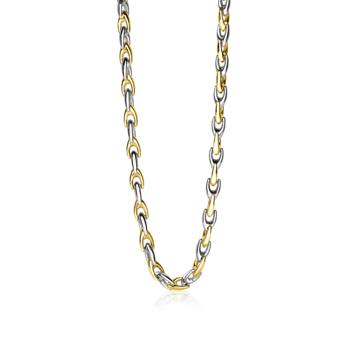 Collier en acier inoxydable avec maillons dorés et argentés.