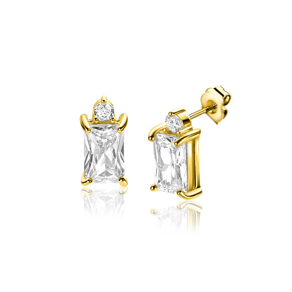 Boucles d'oreilles dorées avec des pierres rectangulaires transparentes et des détails brillants.