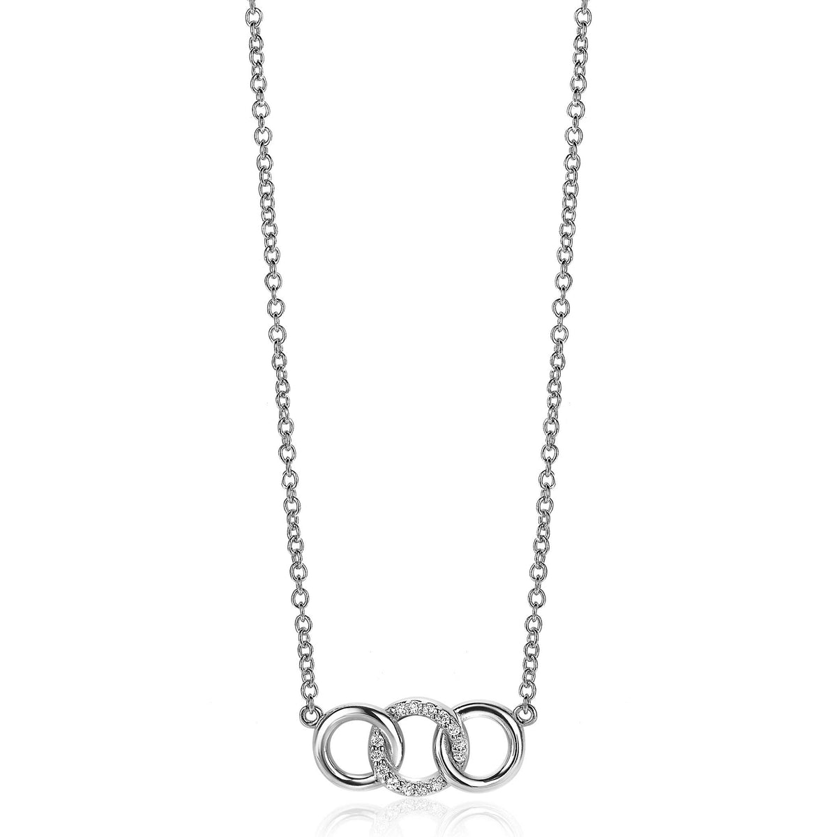 Collier en argent avec trois anneaux entrelacés, dont un orné de pierres brillantes.