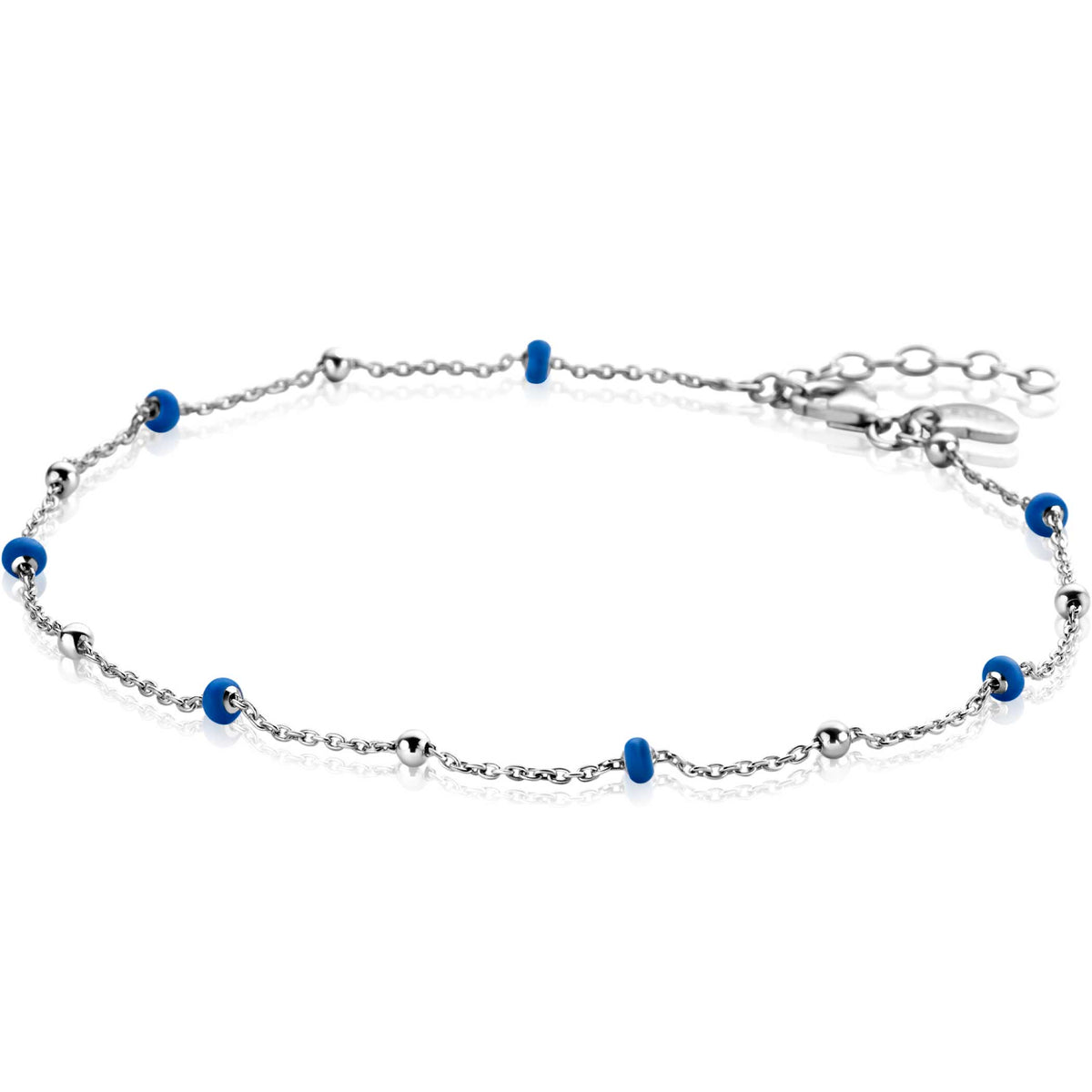 Bracelet en argent avec des perles bleues et des éléments ronds.