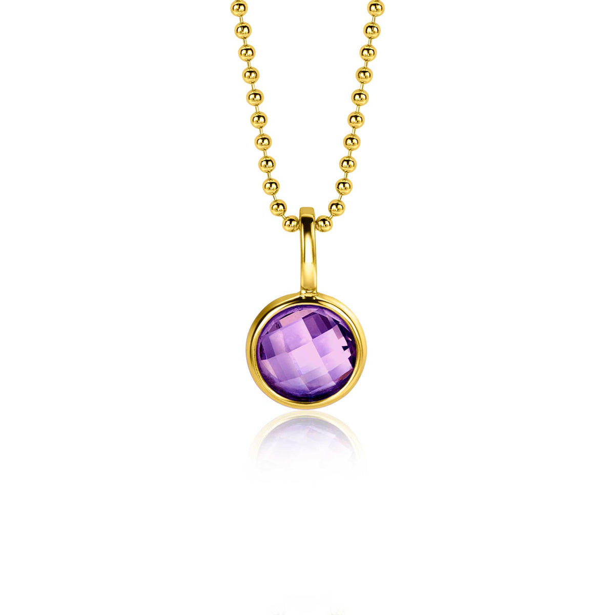Pendentif en plaqué or avec une pierre violette ronde facettée.
