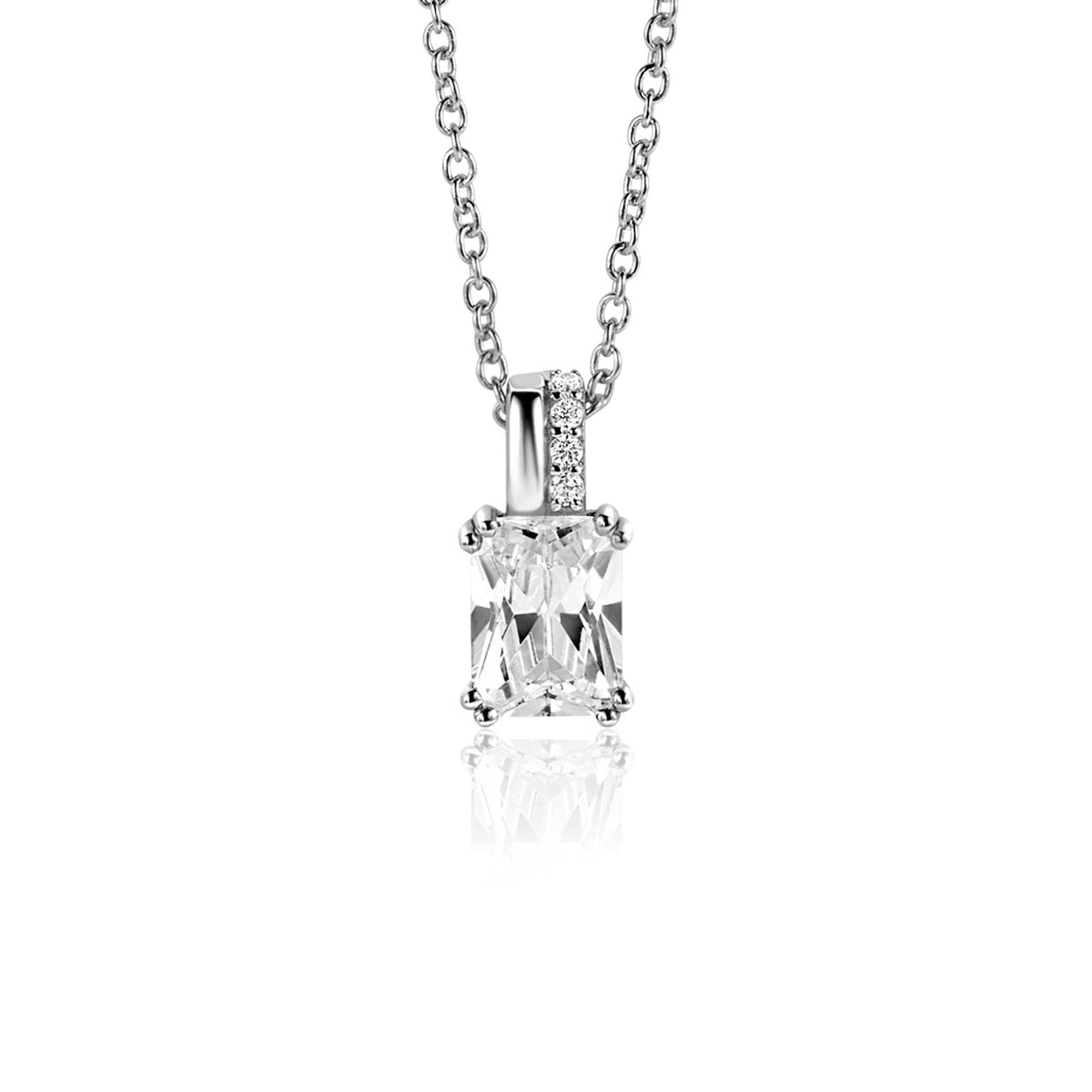 Pendentif en argent avec un cristal rectangulaire et des détails en strass.