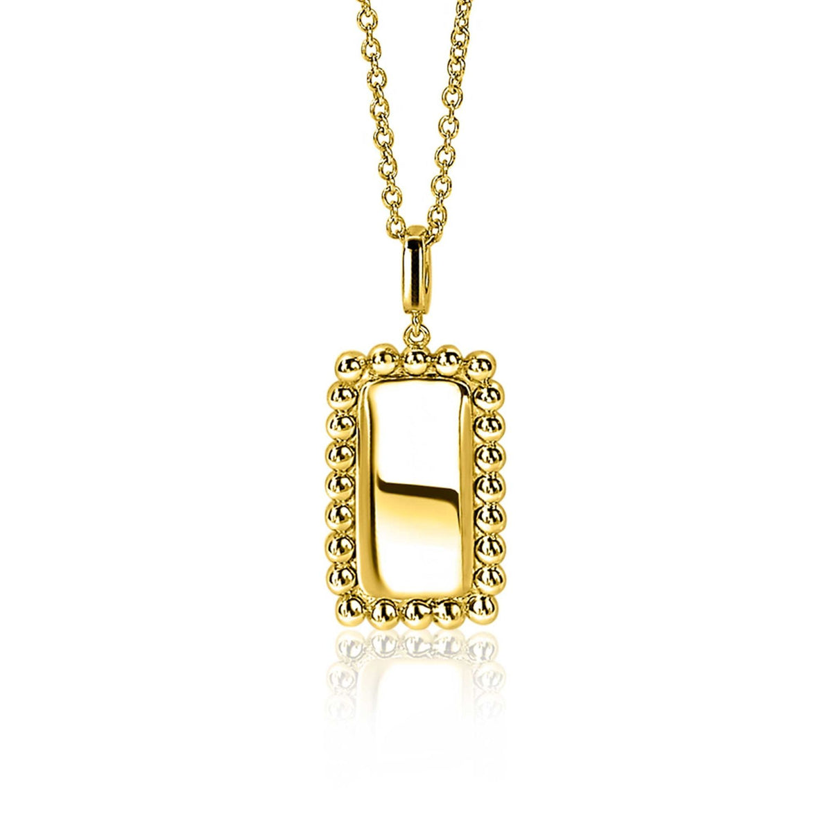Pendentif doré avec une forme rectangulaire et un cadre perlé.