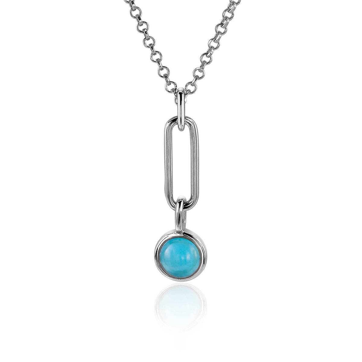 Pendentif en argent avec une pierre ronde turquoise suspendue à une chaîne délicate.