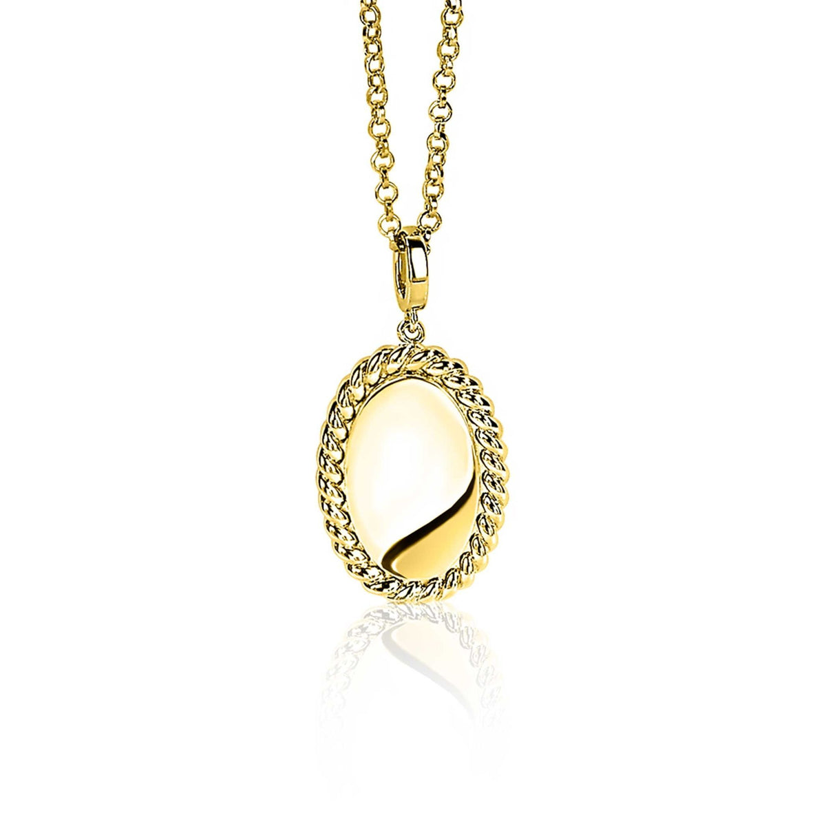 Pendentif doré en forme ovale avec chaîne et détails en relief.