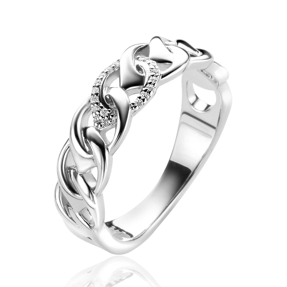 Bague en argent avec motif entrelacé et détails en pierres brillantes.