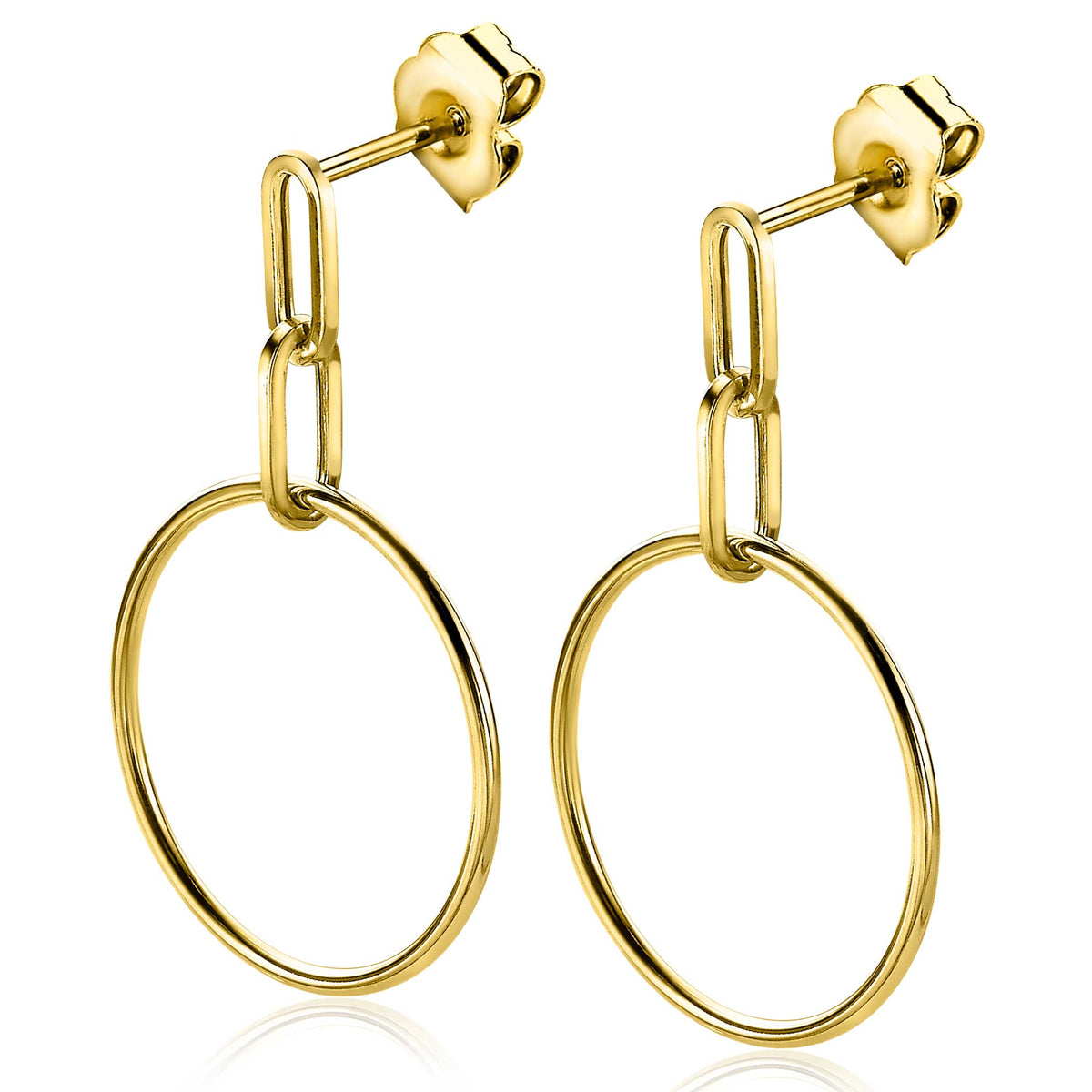 Boucles d'oreilles dorées avec un design en forme de chaîne et de grands anneaux.