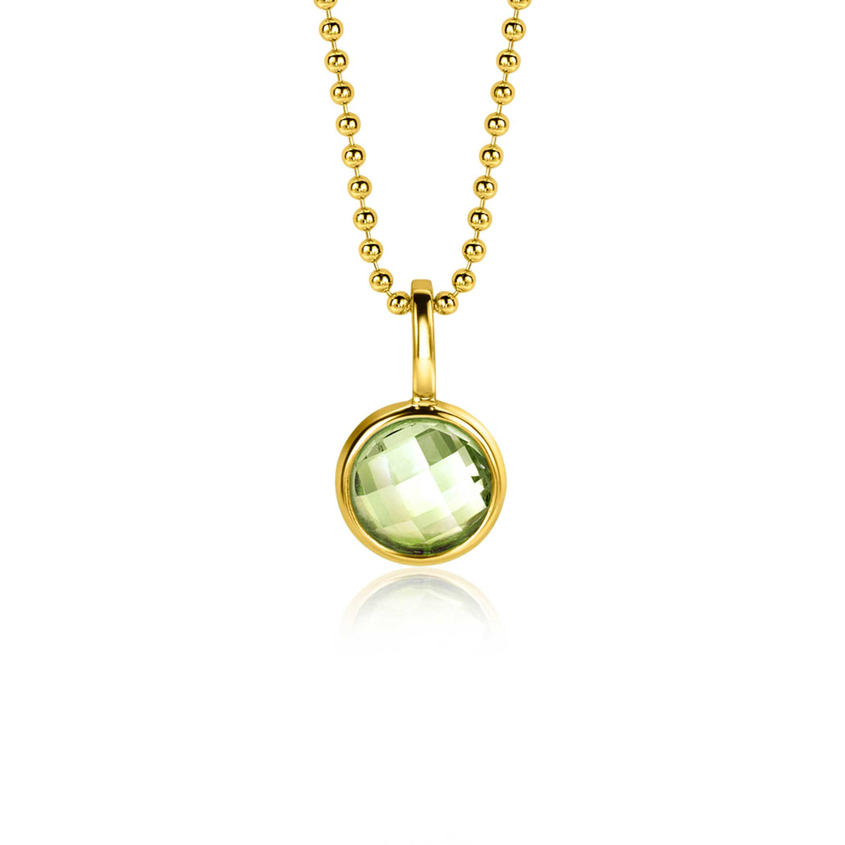 Pendentif en plaqué or avec une pierre ronde verte facettée.