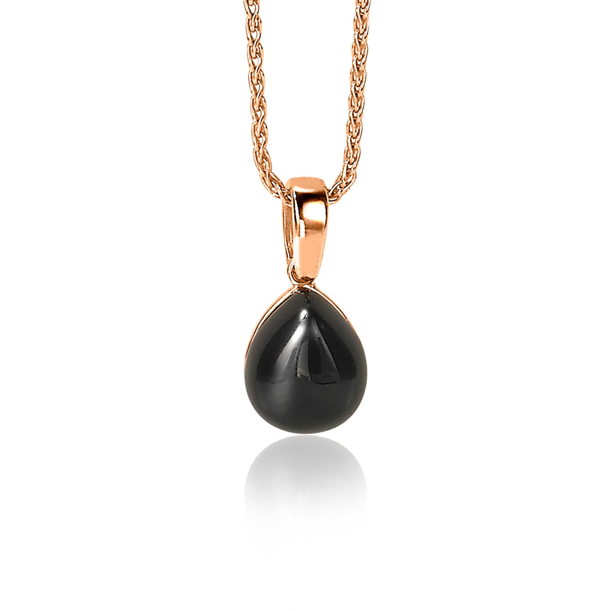 Pendentif en forme de goutte noir avec chaîne en métal doré.