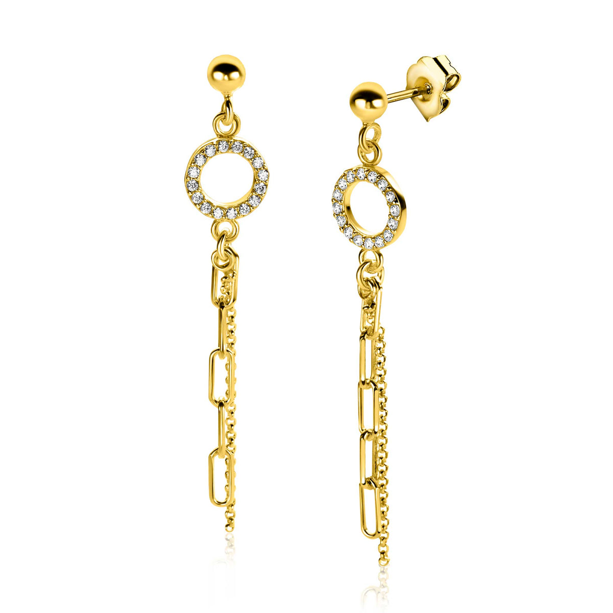 Boucles d'oreilles dorées avec un cercle orné de strass et une chaîne pendante.