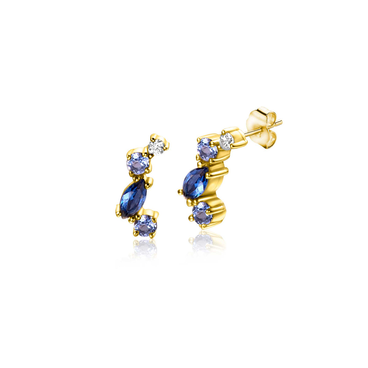 Boucles d'oreilles en or avec des pierres précieuses violettes et des détails scintillants.