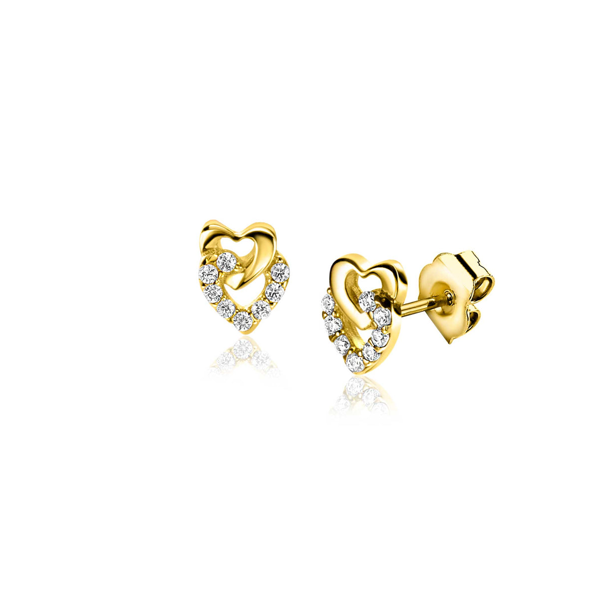 Boucles d'oreilles en or en forme de cœur avec des pierres brillantes.