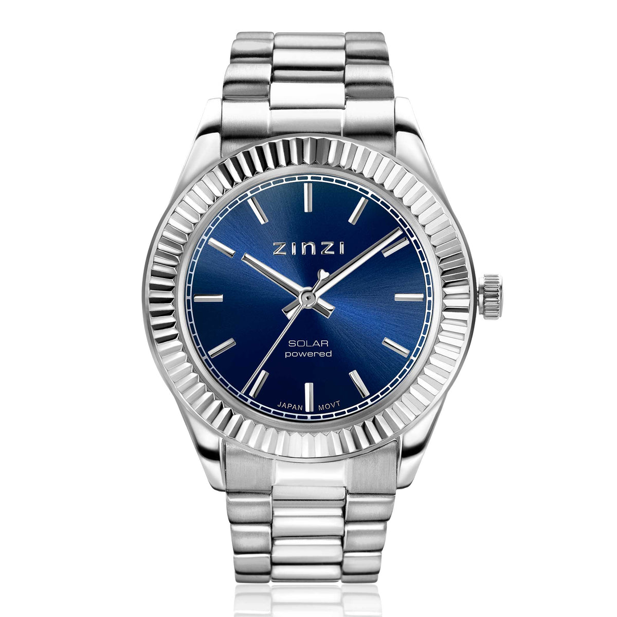 Montre en acier inoxydable avec un cadran bleu et un bracelet argenté.