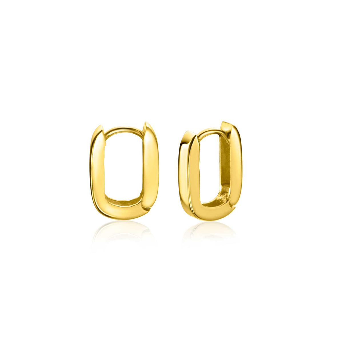 Boucles d'oreilles dorées en forme de rectangle, finition lisse et brillante.